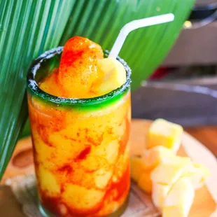 Mangoneada: Frozen Mango margarita with chamoy sauce.