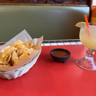 Chips, salsa, and their traditional margarita