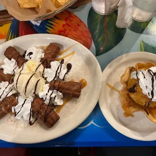 Churros with vanilla ice cream and fried ice cream.