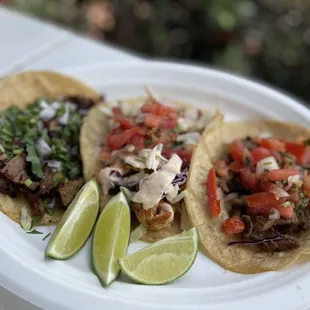 Beef, carnitas, and shrimp tacos