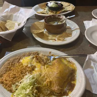Chicken enchilada a la cart and half beans half rice a a la cart. Margarita dip as an appetizer