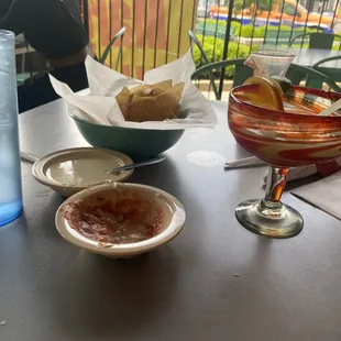 Taking advantage of this weather -margarita, chips and salsa with queso