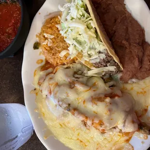 Combination number seven chili Relleno taco rice and beans