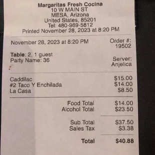 An expensive bill for margaritas that were so-so