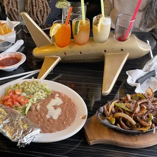 Mimosas flight, Lunch Steak Fajitas, Chips and Salsa