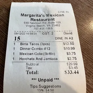 a receipt for margarita&apos;s mexican restaurant