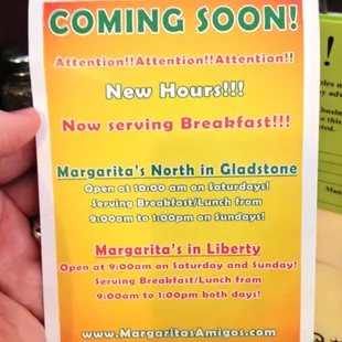 New hours. Opening earlier for late breakfast on Saturday and Sunday.