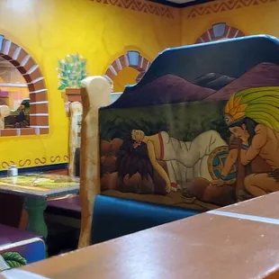 a view of a brightly colored restaurant