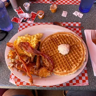 Waffle, 2 bacon, 2 sausage, hash browns and 2 eggs Breakfast combo.