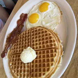 Waffles, 2 eggs, 2 bacon