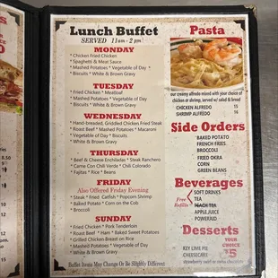 Lunch Buffet, Pasta, Sides, Beverages &amp; Desserts  Updated 2022