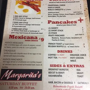Margaritas current menu as of march 2018. Current hours are also Monday thru Saturday 6am to 9pm and Sunday 6am to 3 pm.