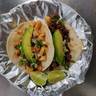 Chicken and fajita tacos with avocado