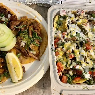 Al pastor, asada, and birria tacos. Asada nachos