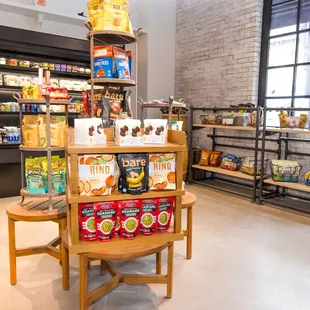 a display of beverages and snacks