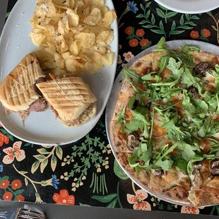 The Mushroom pizza &amp; Cuban sandwich, with homemade potato chips. Yummy!