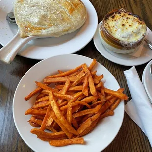 a plate of french fries and a pancake