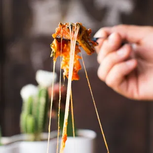 a close up of a hand holding a fork with a piece of margherita on it