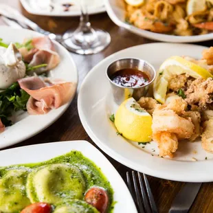 a variety of seafood dishes