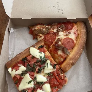 Caprese and meat lover slices