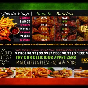 menu for margherita wings