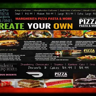 a menu for margherita pizza and more