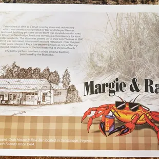 This is the paper placemat on the tables.  Photo taken November 14, 2023.