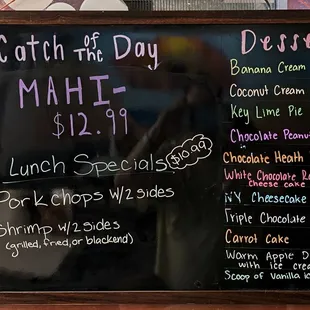 This is a sign for the catch of the day, daily specials, and desserts.  Photo taken June 18, 2024.