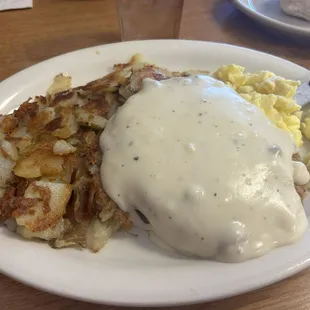Chicken-fried steak and eggs had yummy gravy and great home fries!