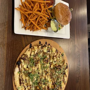 Calabrian Avacado Burger with Sweet Potato Fries and the Slice of Pear-Adise Pizza