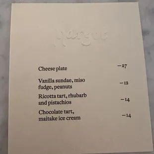 Dessert Menu