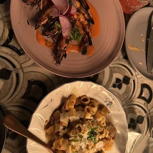 Grilled prawns $32 and bombolotti (wagyu bolognese) $36