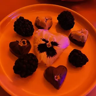 Chocolate and blackberry dessert. Chocolates made in Wynnwood.