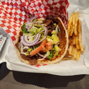 Beef and Lamb gyro with fries.