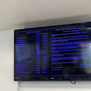 a menu on the wall