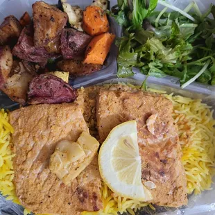 Salmon rice plate $14.95 to-go delivery from Grub Hub.