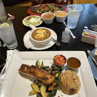 Mexican Refried Beans with Cheese, Mari Luna Fajitas al Carbon, Salmon Veracruzano