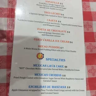 Dessert menu