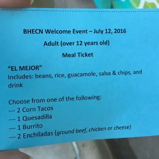 Example of a meal ticket