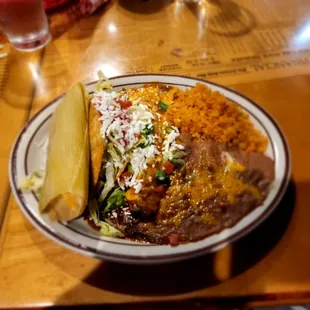 Maria Bonita Combo #4 - Chicken Enchilada, Shredded Beef Taco, &amp; Green Corn Tamale