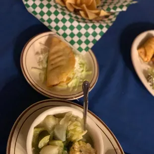 Cocida soup, chicken taco and chips!