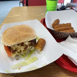 Crab cake sandwich and mozzarella sticks