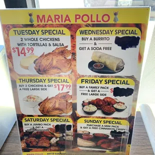 Daily except Monday specials.