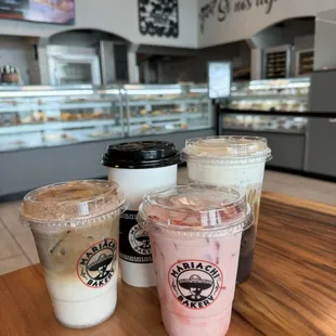 Horchata latte, hot cafe de olla, iced cafe de olla with sweet cream, strawberry horchata