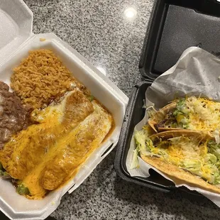 Beef Enchiladas with rice and beans / 2 Beef Tacos