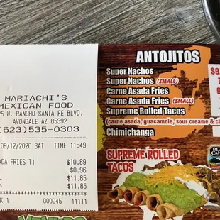 a receipt for mexican food