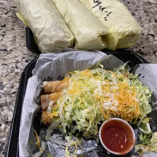 carne asada burritos, lengua burrito and taquitos