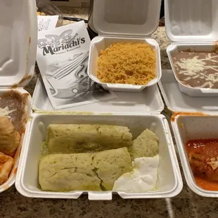 Chicken and steak chimichangas, tamales, and Chile relleno.