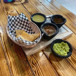 Salsa n chips with a side of guacamole