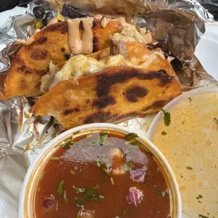 Southwest chicken taco + a beef taco(come in 3-set) + consommé dip